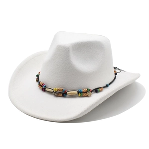 White felt western cowboy hat with colorful ethnic wooden beads on a white background