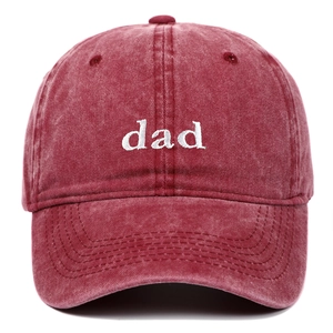Adjustable burgundy washed cotton baseball cap with white embroidered dad text logo