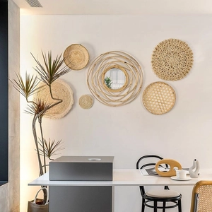 6-piece Nordic straw wall decor set with mirror, handmade woven bohemian wall hanging