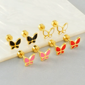 Butterfly Stud Earrings Stainless Steel 18K Gold Plated Enamel Tiny Minimalist Jewelry For Women Screw Back