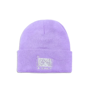 Detailed embroidery of an anime girl and Japanese text on a purple cuffed knit beanie