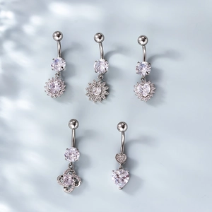 Five-piece stainless steel belly rings set with sparkling heart and clover zircon charms