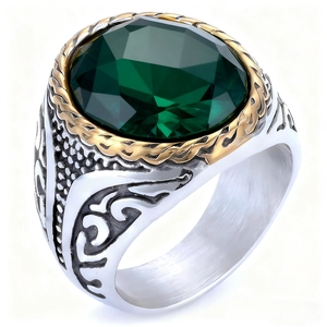 Vintage men's silver and gold ring with large emerald green gemstone and hollow vine pattern