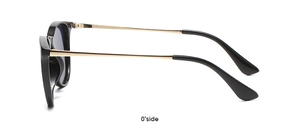 Side view of children's oval sunglasses with black frame and golden metal temples