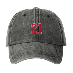 Vintage washed dark grey cotton baseball cap featuring red number 21 print design