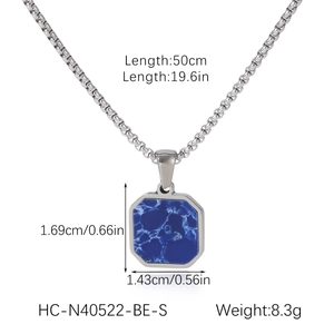 Blue octagonal pendant necklace with silver box chain and 50cm length dimension detail
