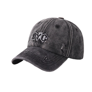 Distressed vintage washed grey denim baseball cap with DYC letter embroidery and torn detail