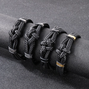 Men Braided Cowhide Leather Bracelet Stainless Steel Magnetic Clasp Knotted Minimalist Jewelry