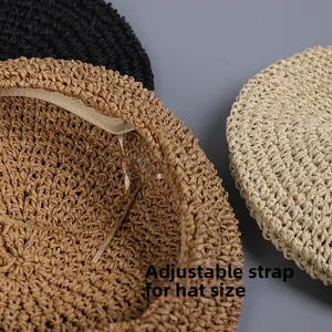 Detail view of the adjustable drawstring inside the handmade breathable straw beret hat