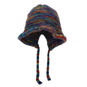 Retro rainbow striped crochet bucket hat with ear flaps and knit ties for winter