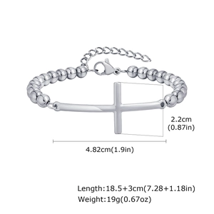 Detailed dimension view showing cross size 4.82x2.2cm and 18.5cm length on steel bead bracelet