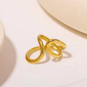 Minimalist 18K Gold Plated Stainless Steel Ring Asymmetrical Double Water Drop Irregular Geometric Adjustable Jewelry Women