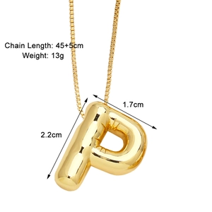 Detail view of gold balloon letter P pendant with dimensions 2.2x1.7cm and chain length
