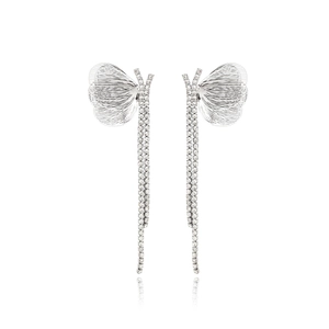 Silver butterfly wing earrings with sparkling rhinestones and long tassel drop pendants
