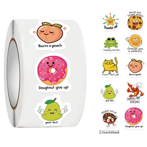 Detail view of 0.83 inch diameter cartoon reward stickers with cute food illustrations