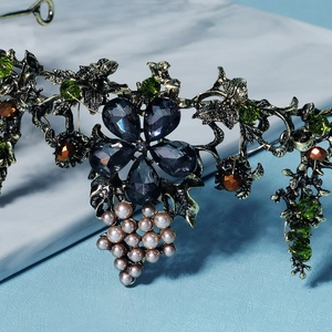 Baroque bridal crown with dark blue crystals and hanging pearl grape clusters
