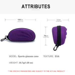 Detailed dimensions of purple EVA sports glasses case with zipper and carabiner hook