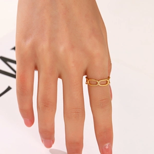 Chic hollow geometric gold-plated stainless steel chain ring shown on a model hand