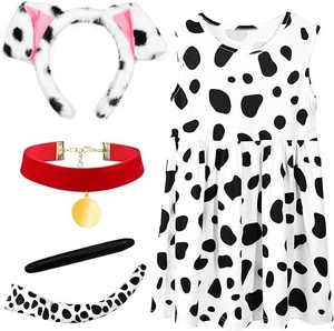 Detailliertes Dalmatiner Kostüm Set mit gepunktetem Kleid Stirnband Halsband und Schwanz
