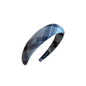 Grey vintage plaid headband with thick sponge padding and handmade Korea metal label