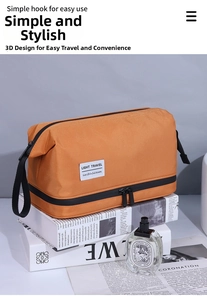 Detail view of mustard yellow dual-layer waterproof toiletry bag for travel storage