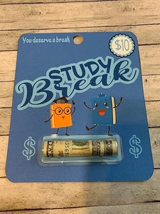 Detailed view of creative Study Break money holder card with transparent plastic blister slot