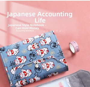 Close-up of Maneki-neko print fabric binder with silver snap button and inner clear pockets
