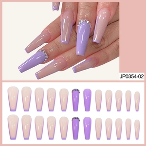 Long Coffin Press On Nails Purple French Design Rhinestone Accents Glossy Artificial Acrylic Nail Tips
