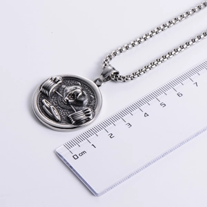 Silver stainless steel weightlifting bear pendant necklace measuring 3.5cm in diameter