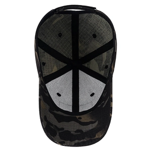 Internal view of camouflage tactical baseball cap with sweatband and reinforced stitching