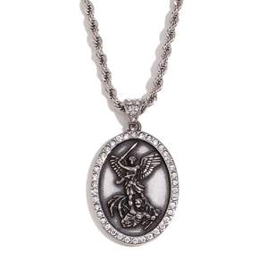 Silver Archangel Michael pendant necklace with crystal halo and thick rope chain for men