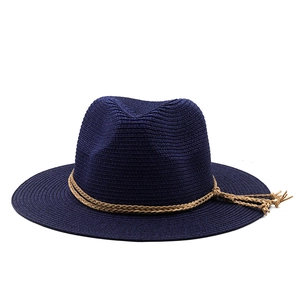 Navy blue straw fedora hat for women with bohemian tassel rope trim and sun protection