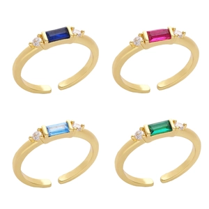 Verstelbare Open Ring Koper Verguld Rechthoekige Gekleurde Zirkonia Geometrische Lichte Luxestijl Vrouwen