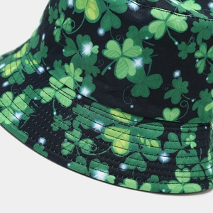 Detailed close-up showing reinforced stitching and shamrock print on the bucket hat brim