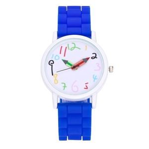 Detail of blue silicone kids watch featuring pencil-shaped hands and colorful numbers
