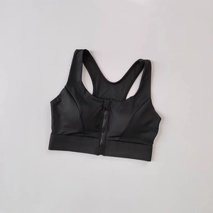 Black high-impact sports bra with front zipper and breathable mesh racerback design