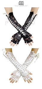 Detail of floral lace fingerless gloves with elegant satin ribbon crisscross ties