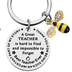 Silver teacher appreciation keychain with gold enamel bee charm and engraved thank you message