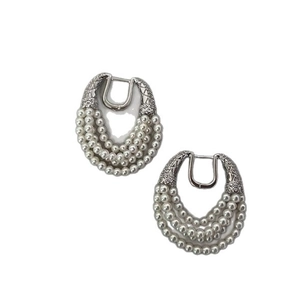 Elegant multi-layer pearl horseshoe tassel hoop earrings with silver zircon accents