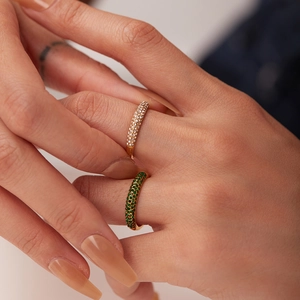 18K gold plated stainless steel rings featuring white and green zircon pave setting
