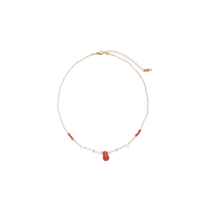 18k gold plated necklace with freshwater pearls and red teardrop stone pendant