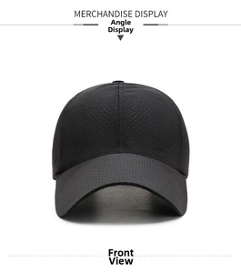 Close-up of black breathable mesh fabric on a quick-dry baseball cap for men