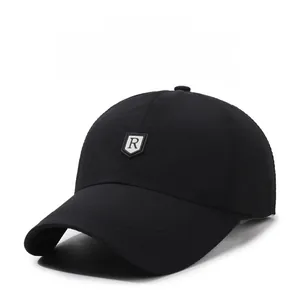 Close-up of breathable mesh texture and embroidered R logo on a black baseball cap