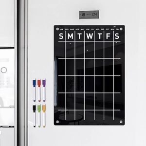 Black magnetic acrylic weekly calendar board for fridge with four colorful markers