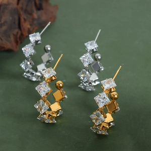 Elegant C-shaped 18K gold plated hoop earrings with sparkling square zircon inlay