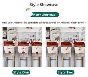 Detail of Santa Claus and Snowman chair covers on chairs in a Christmas kitchen setting