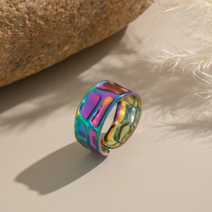 Iridescent geometric hammered metal ring with rainbow luster and adjustable open design