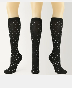 Detailed views of black knee-high compression socks with white polka dot patterns