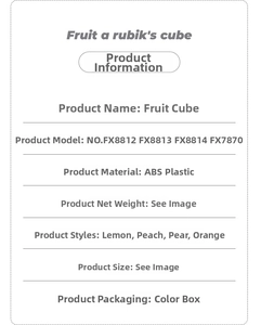 Tabla de especificaciones para puzles de frutas que incluye modelos de limón, melocotón y pera