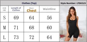 Detailed size chart for black seamless yoga bodysuit featuring S, M, and L dimensions
